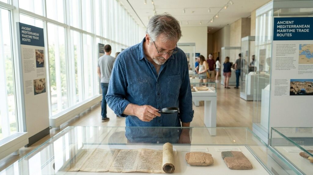 Israeli historian examines ancient maritime scrolls in modern museum.