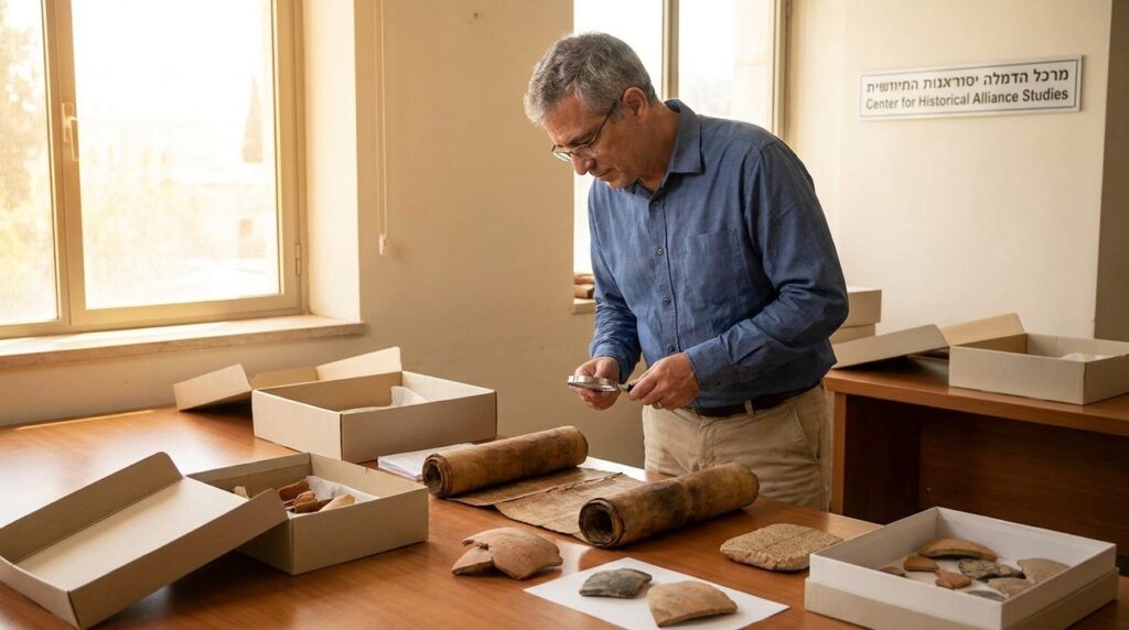Israeli historian examines ancient scrolls in museum, soft morning light.