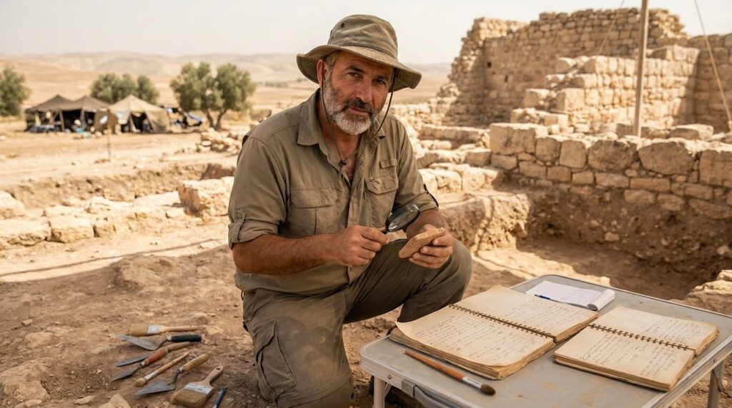 Archaeologist examines artifacts at Casiphia with tools and documents.