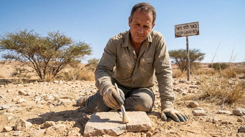 Israeli archaeologist examines ancient stones in desert under clear sky.