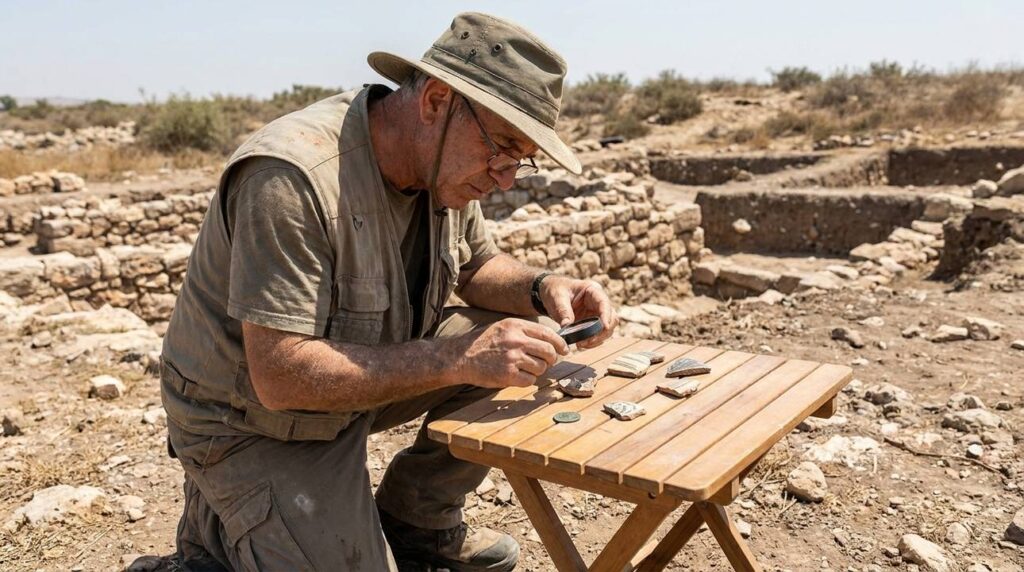 Middle-aged Israeli archaeologist examining artifacts at En-Hakkore site.