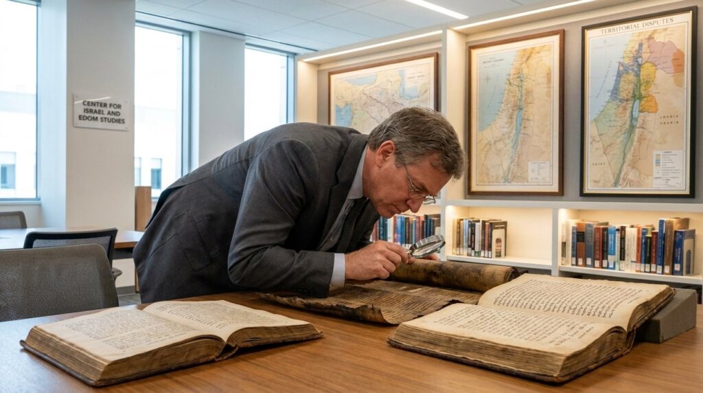 Middle-aged Israeli historian examines ancient texts in modern library.