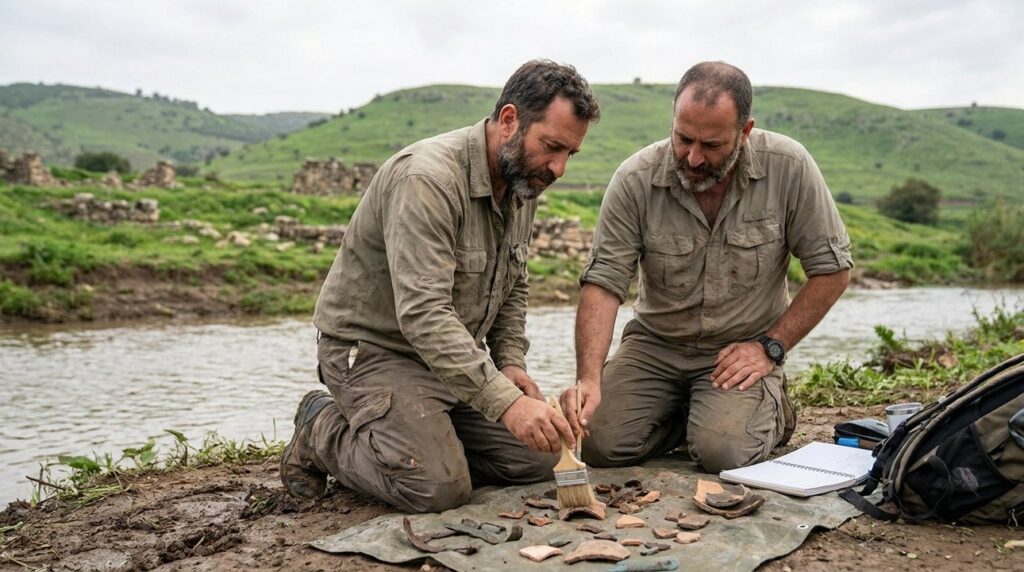 Archaeologist examines artifacts by Kishon River in Harosheth Haggoyim.