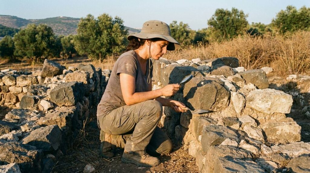 Israeli archeologist examines ancient ruins at En Dor in evening light.