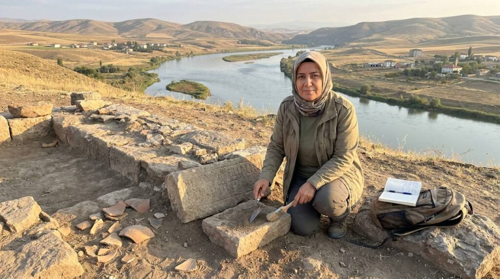 Turkish archaeologist examines ancient ruins by Kızılırmak River in morning light.