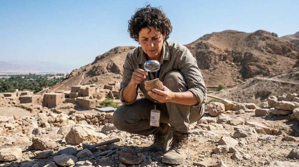 Israeli archaeologist examines artifacts in Valley of Achor landscape.
