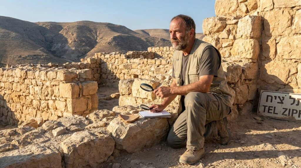 Israeli historian examines artifacts in Ziph ruins under morning light.