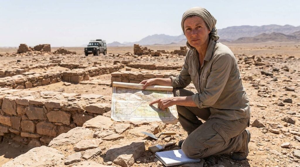 Archaeologist with map and tools examines ruins in desert landscape.
