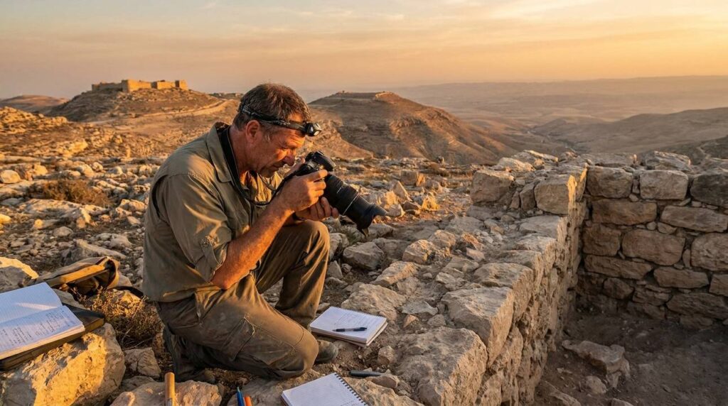 Archaeologist documenting ancient fortifications in Maon at sunset.