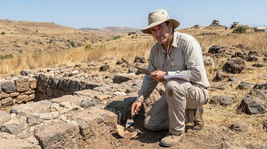 Archaeologist examines ancient ruins in the Golan Heights.