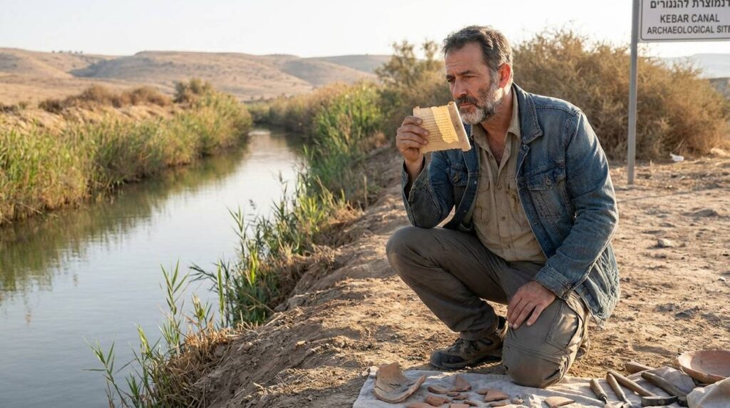 Israeli historian examines ancient scroll by Kebar Canal.