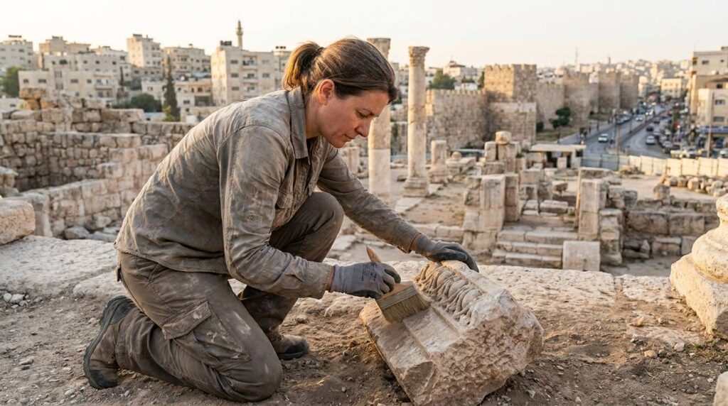 Archaeologist examines ancient ruins in Amman, soft morning light visible.