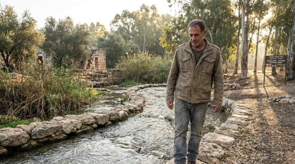 Middle-aged Israeli man walking by a stream, reflecting thoughtfully.