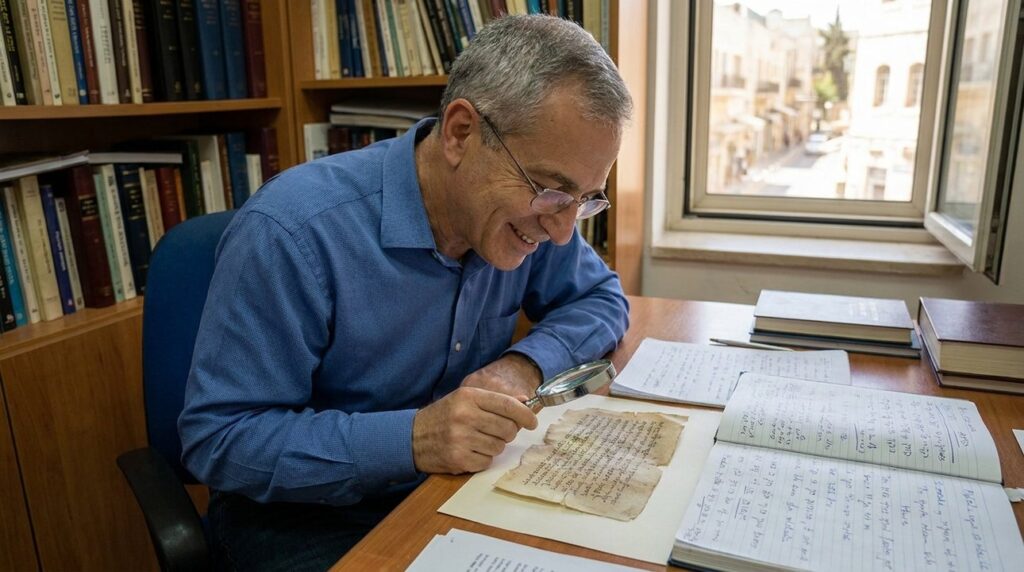Israeli scholar studying ancient texts at desk in office.