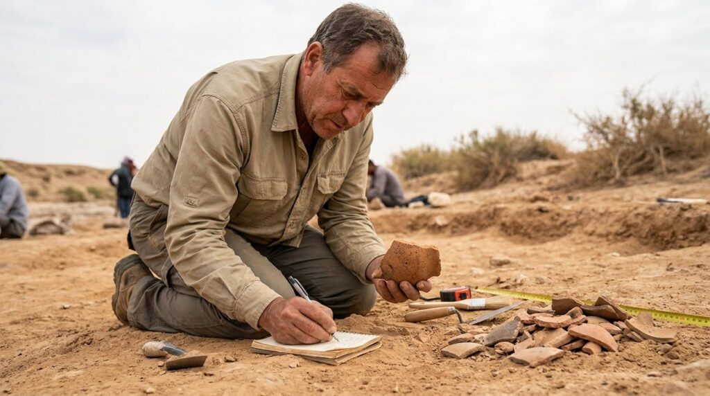 Israeli archaeologist records Bronze Age pottery shards in Wadi el-Arish.