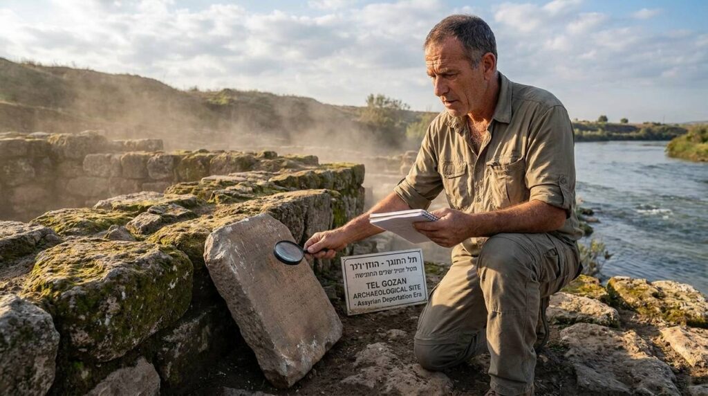 Israeli historian examines ancient ruins by a river in Gozan.