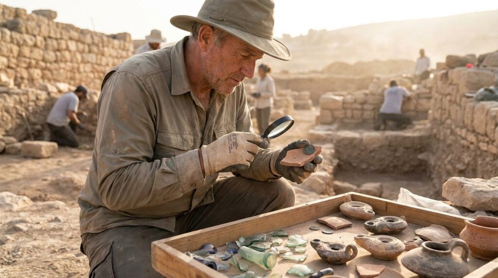 Archaeologist examining ancient artifacts at a dig site in Jordan.