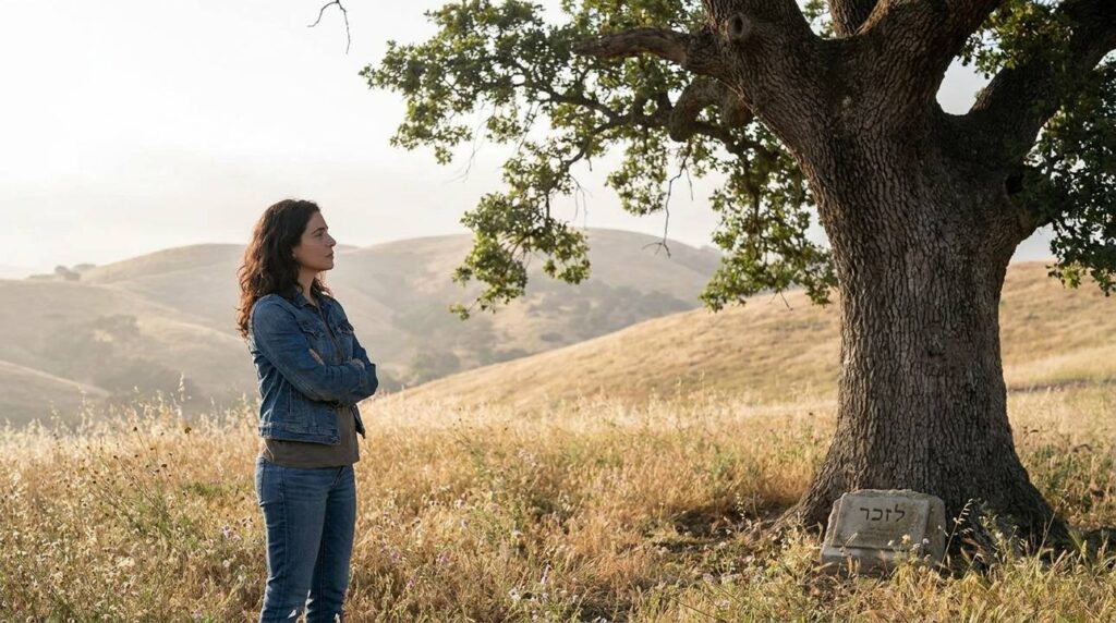 Israeli woman standing under an oak tree in soft morning light.