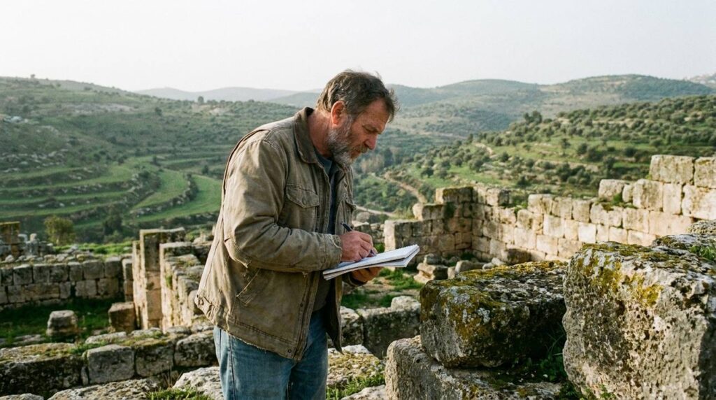 Israeli historian examines Bethlehem Ephrathah ruins with notebook, green background.
