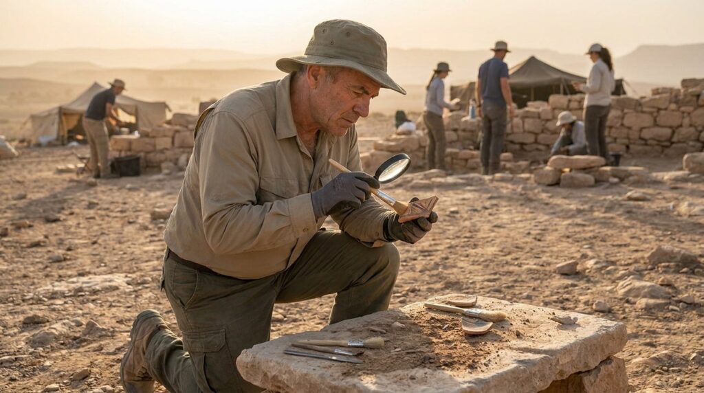 Israeli archaeologist examines pottery at Kadesh-Barnea in morning light.