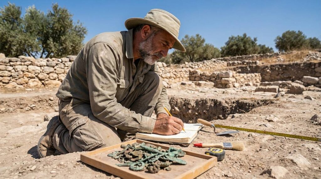 Israeli archaeologist examines bronze artifacts at excavation site in Israel.