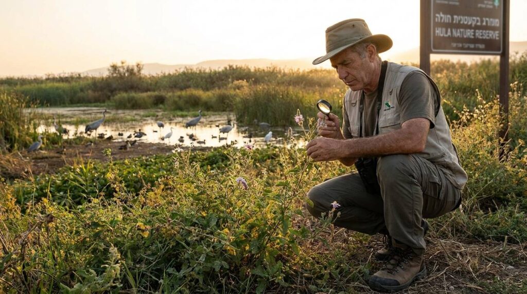 Israeli researcher examines plants in Hula Valley, birds in background.