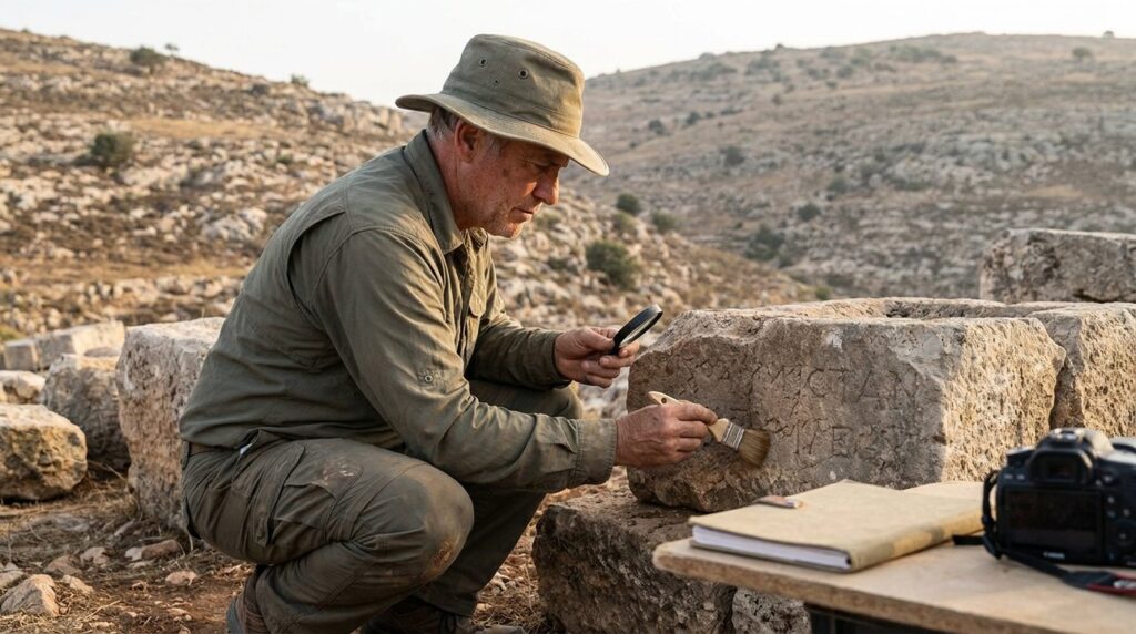 Archaeologist examining ancient inscriptions on stone altars at Mount Ebal.