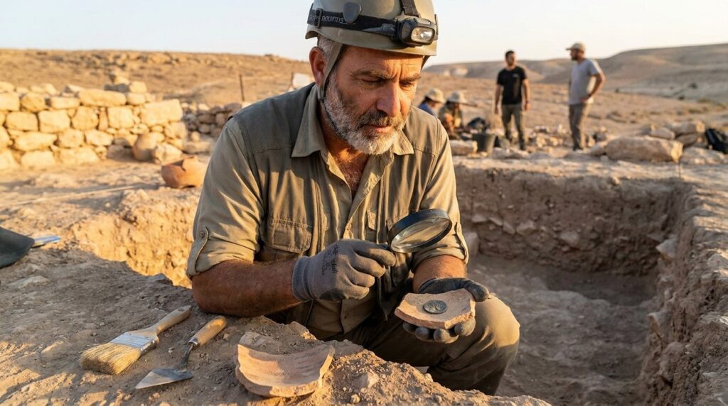 Middle-aged Israeli archaeologist examines artifacts at Negev Desert dig site.