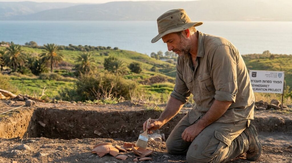 Israeli archaeologist uncovers pottery shards in Gennesaret at dusk.