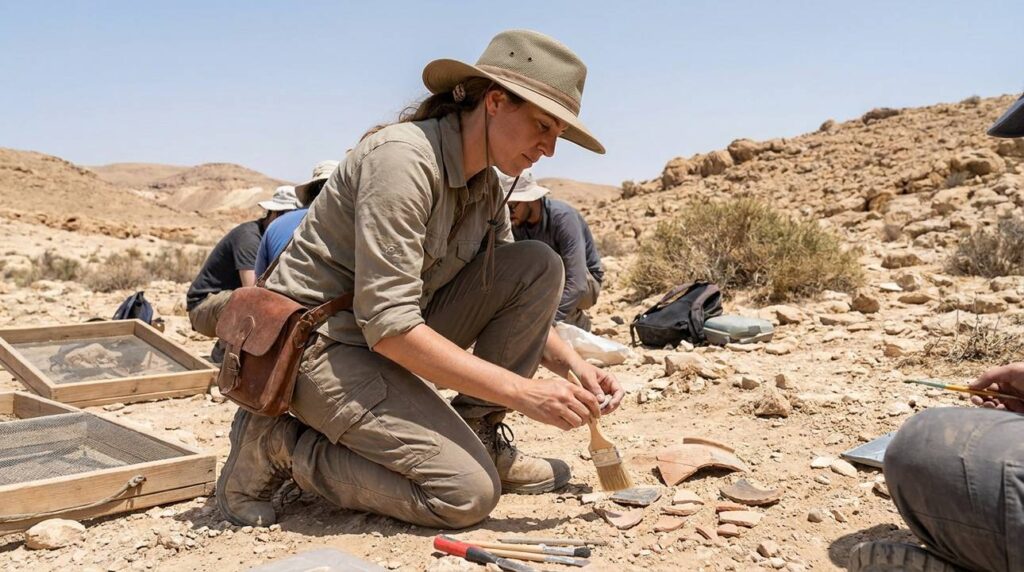 Israeli archaeologist examines artifacts in Negev desert at Midian site.