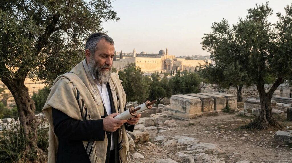 Middle-aged Jewish man in tallit holding Torah in serene valley.