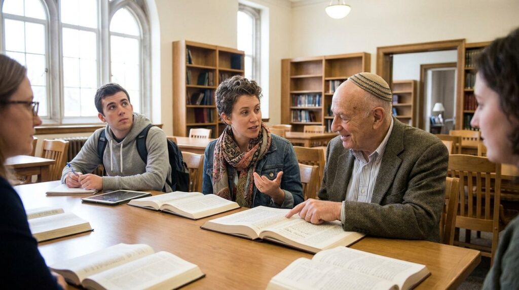 Diverse group studying religious texts in a sunlit classroom.