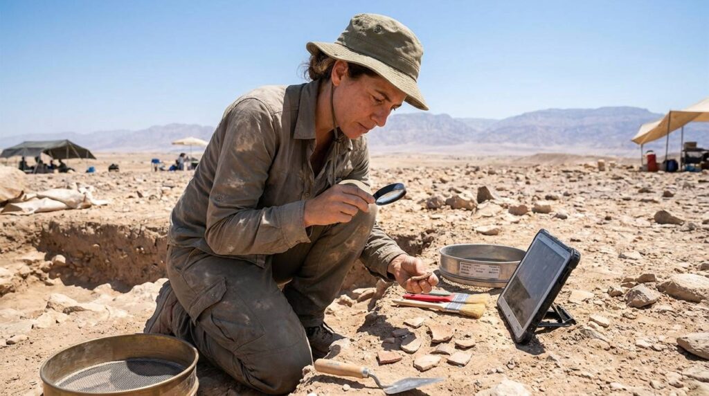 Israeli archaeologist examining artifacts at Arabah desert excavation site.
