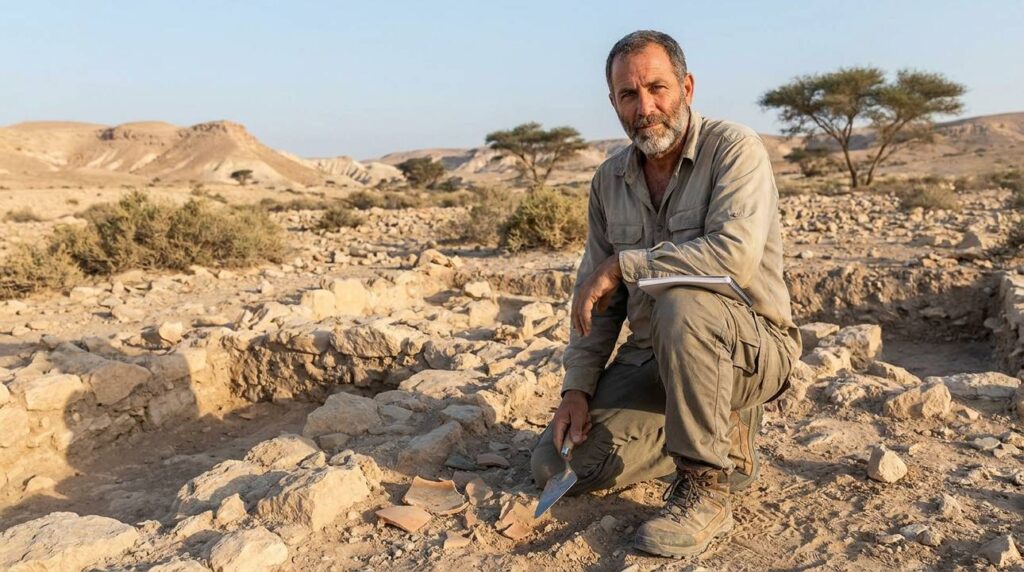 Israeli archaeologist examines ancient ruins in the Negev desert.