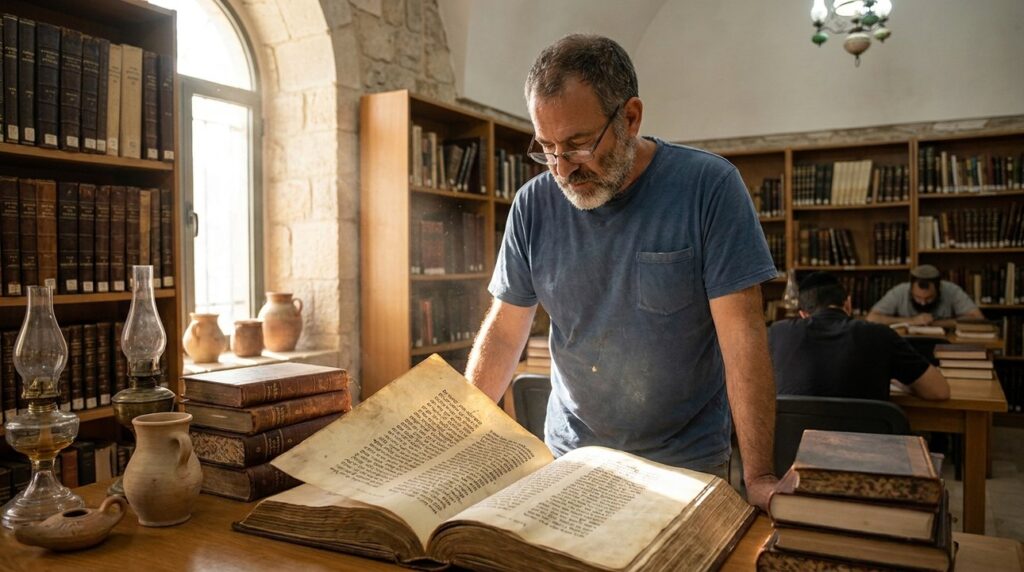 Middle-aged Israeli man reads ancient manuscript in Jerusalem library.