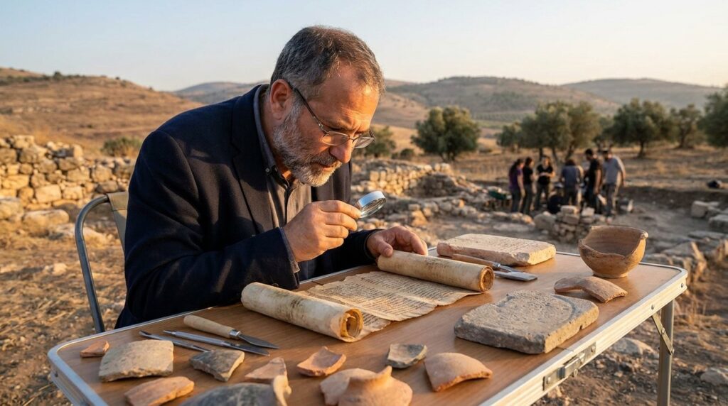 Israeli historian examines ancient manuscripts at Nain archaeological site.