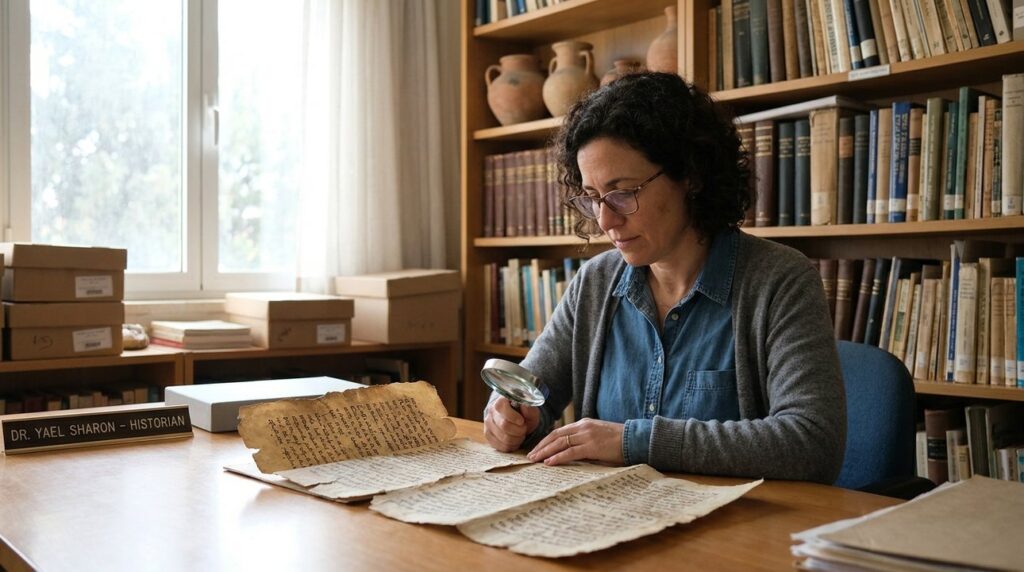 Israeli historian examines biblical manuscripts in a sunlit study room.