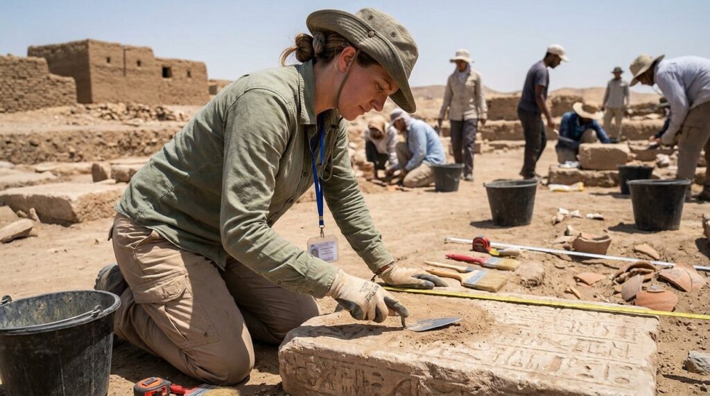 Israeli archaeologist examines ancient ruins at Pithom, Egypt with tools nearby.