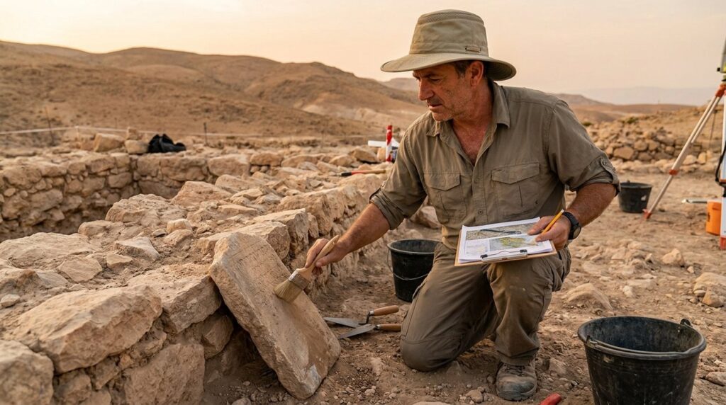 Israeli archaeologist examines ancient inscriptions at Baal Peor dig site.