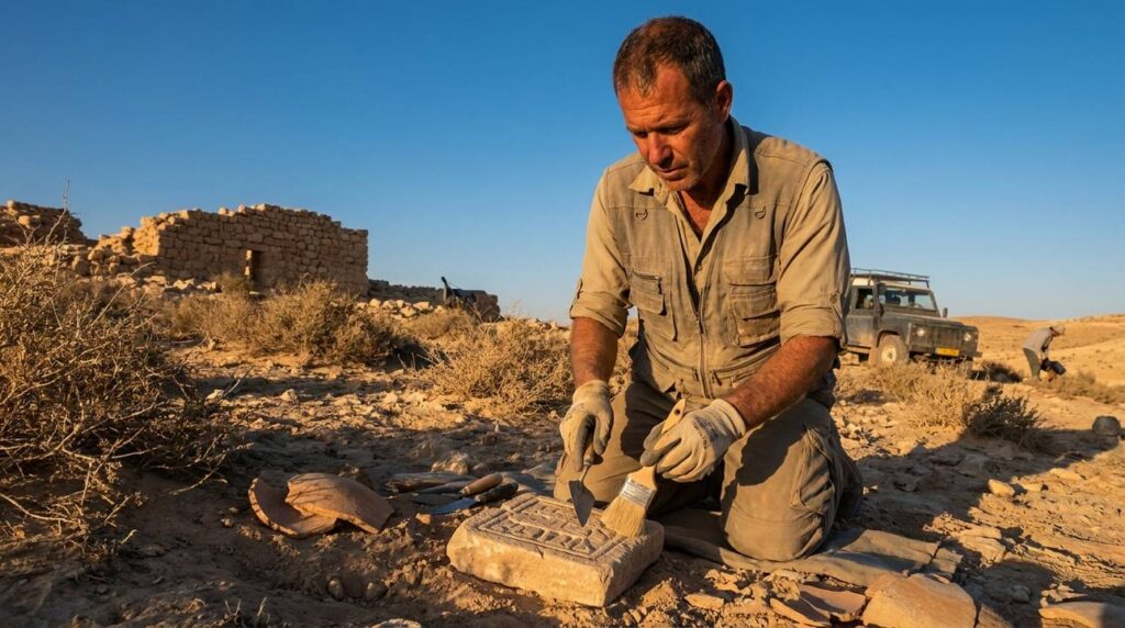 Israeli archaeologist examines artifacts in Negev Desert with trowel.
