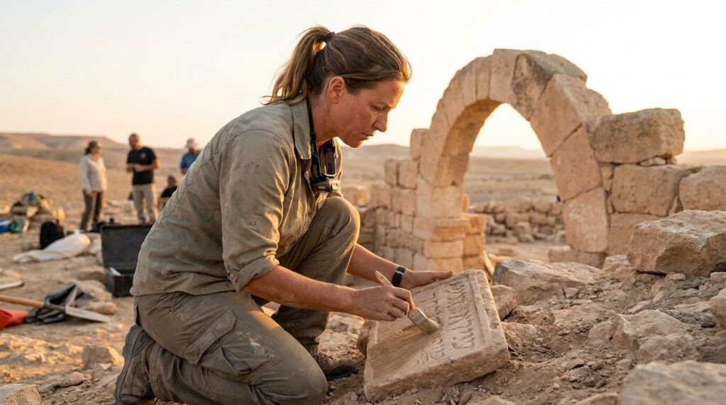 Israeli archaeologist examining ancient ruins in the Negev desert.