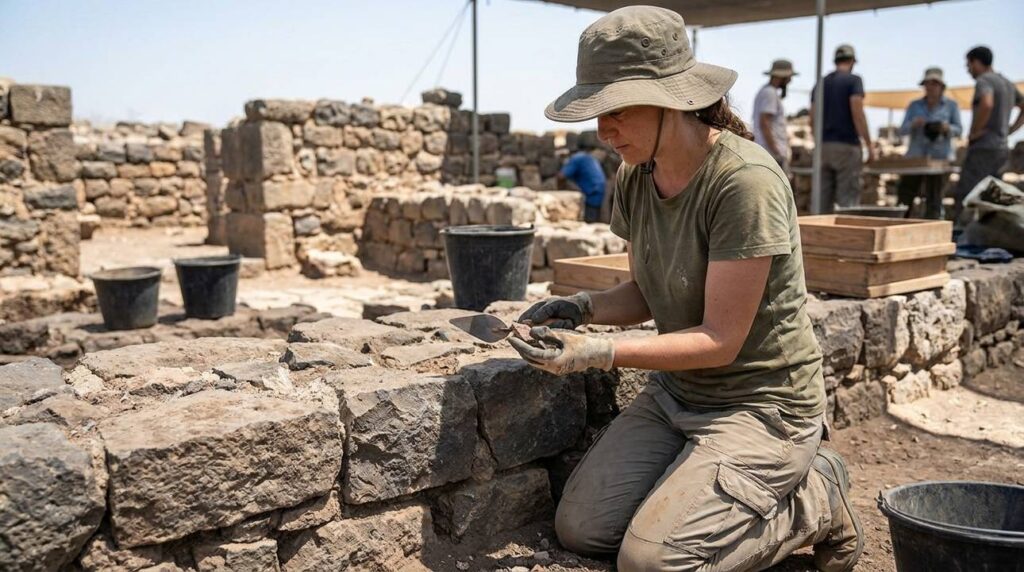 Israeli archaeologist examines ancient ruins at Chorazin archaeological site.