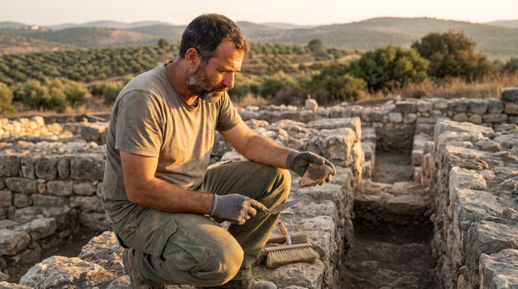 Israeli archaeologist examining artifacts at Lubya ruins in evening light.