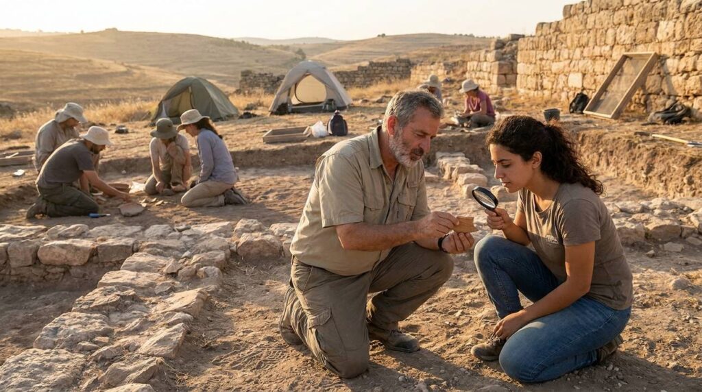 Archaeologists examining pottery at Gibeah ruins during sunset.
