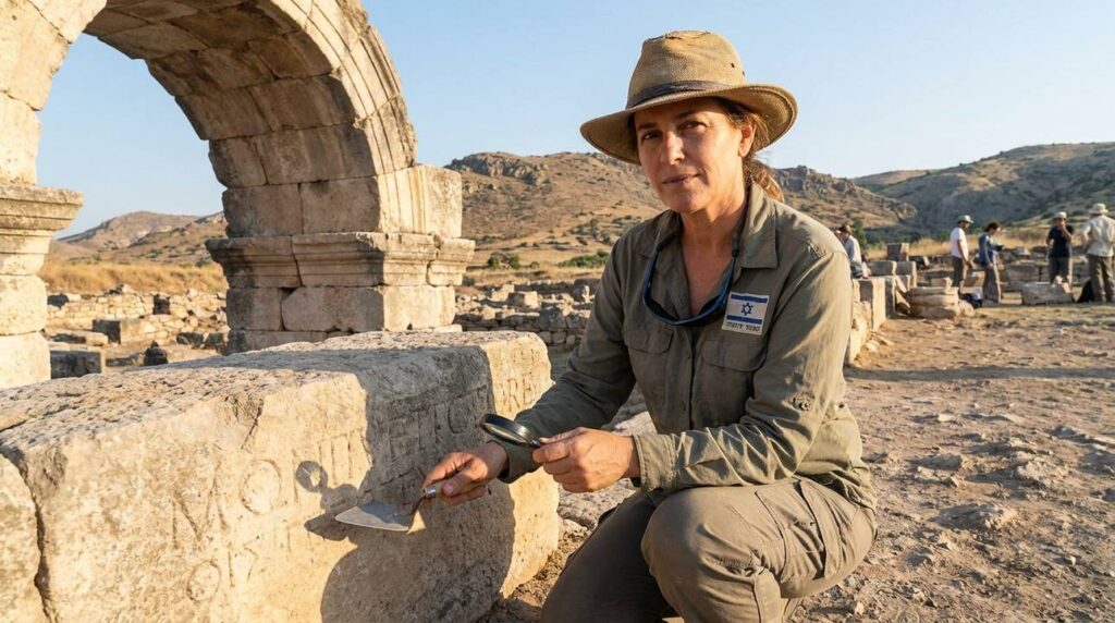 Israeli archeologist examines ancient ruins at Lystra, wearing field attire.