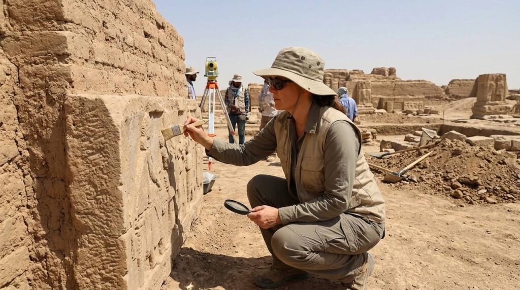 Archaeologist examining Assyrian ruins at Nineveh in field outfit.