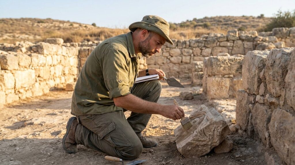 Israeli archaeologist examines ancient stone ruins at Ramah.