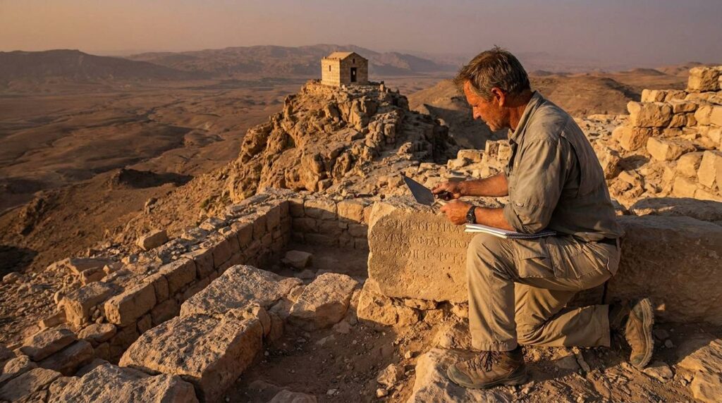 Archaeologist inspects ancient ruins at Mount Hor in evening light.