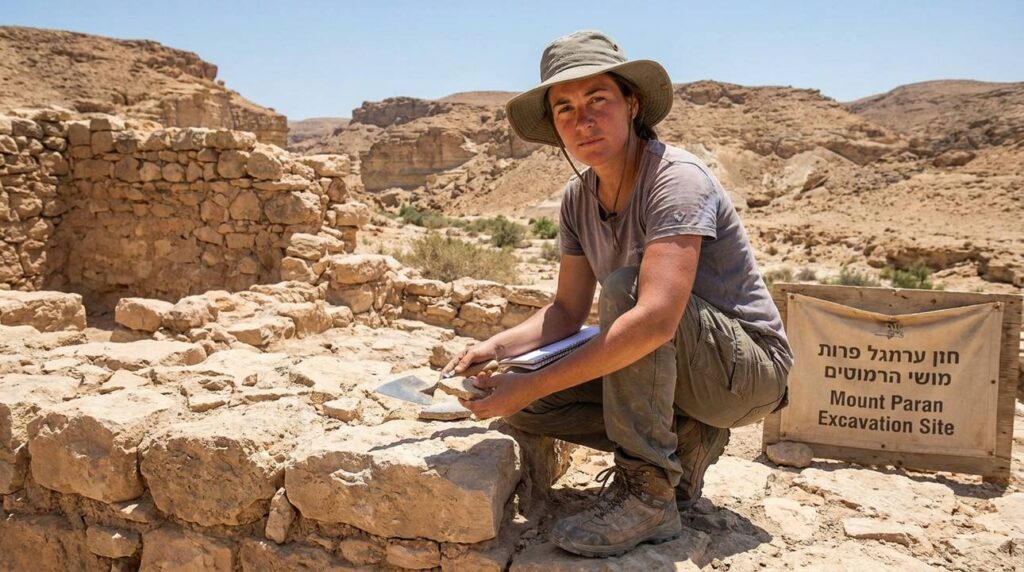 Israeli archaeologist examines ancient ruins at Mount Paran on sunny day.
