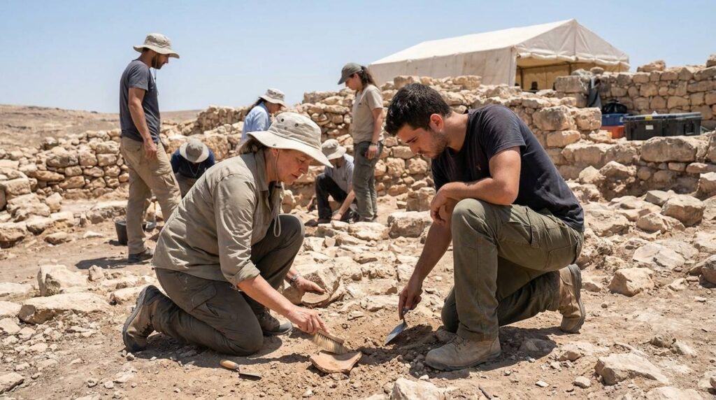 Archaeologists excavating ancient ruins in Keilah, Israel under clear sky.